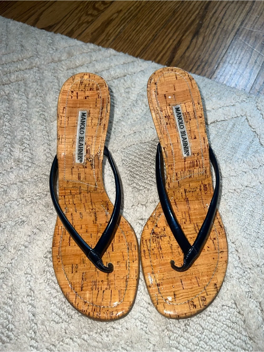 Manolo Blahnik vintage corkblock pattern navy flip flop wedges, size 38.5